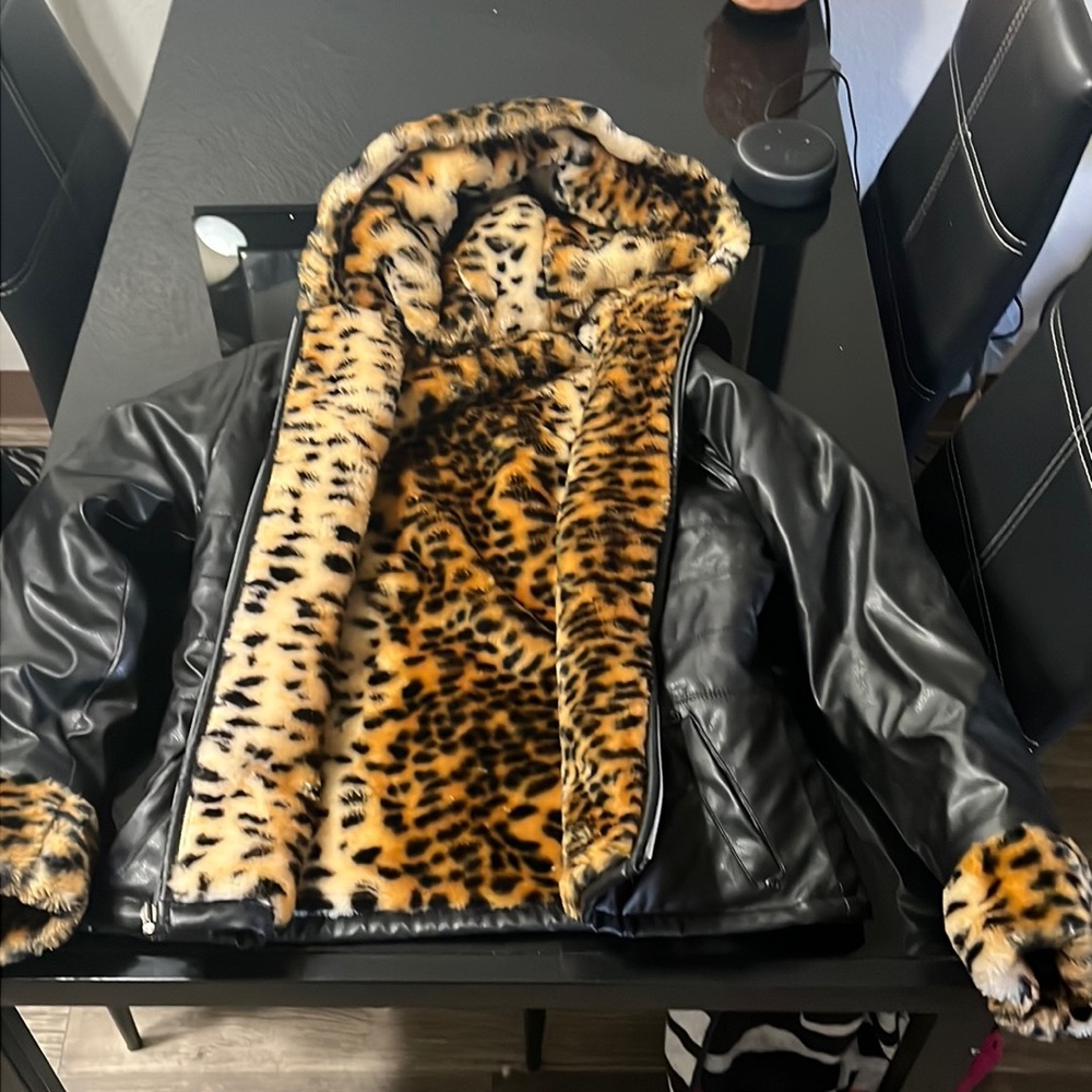 Black pleather and leopard jacket
